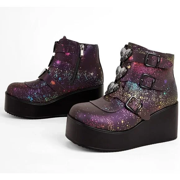 🆕 Navy Reflect Chunky Platform Ankle Boots - Wedge Heel Goth Rave Zip Booties - Picture 4 of 9